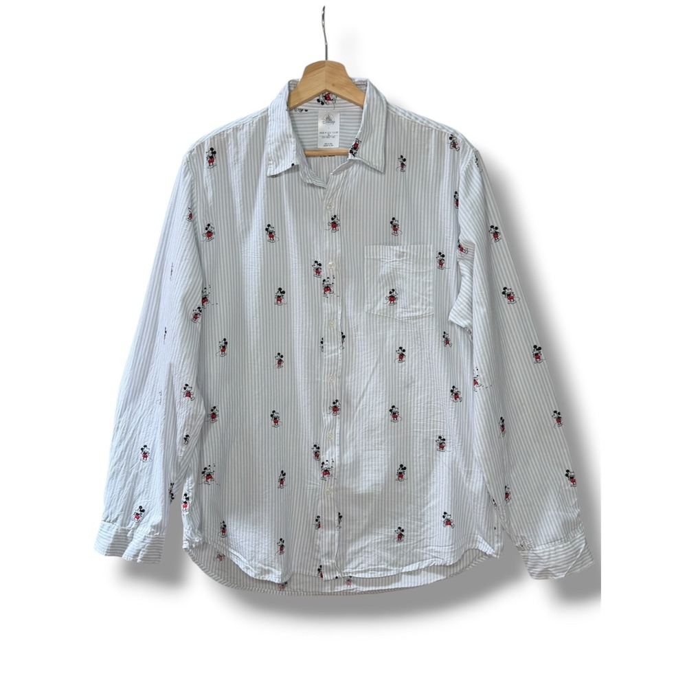 Disney Mickey Mouse Blue White Striped Button Down Shirt Mens L Parks Vacation